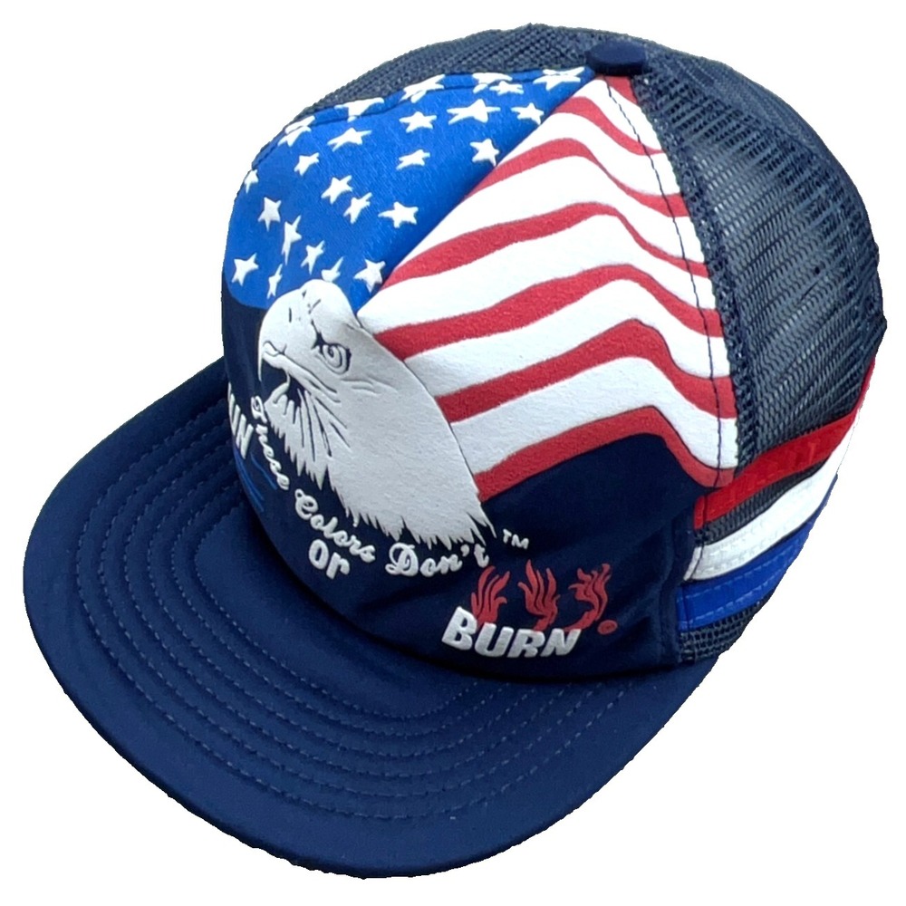 Vintage Trucker Hat Cap 3 Side Stripe Snap Back American Flag Eagle USA Puffy